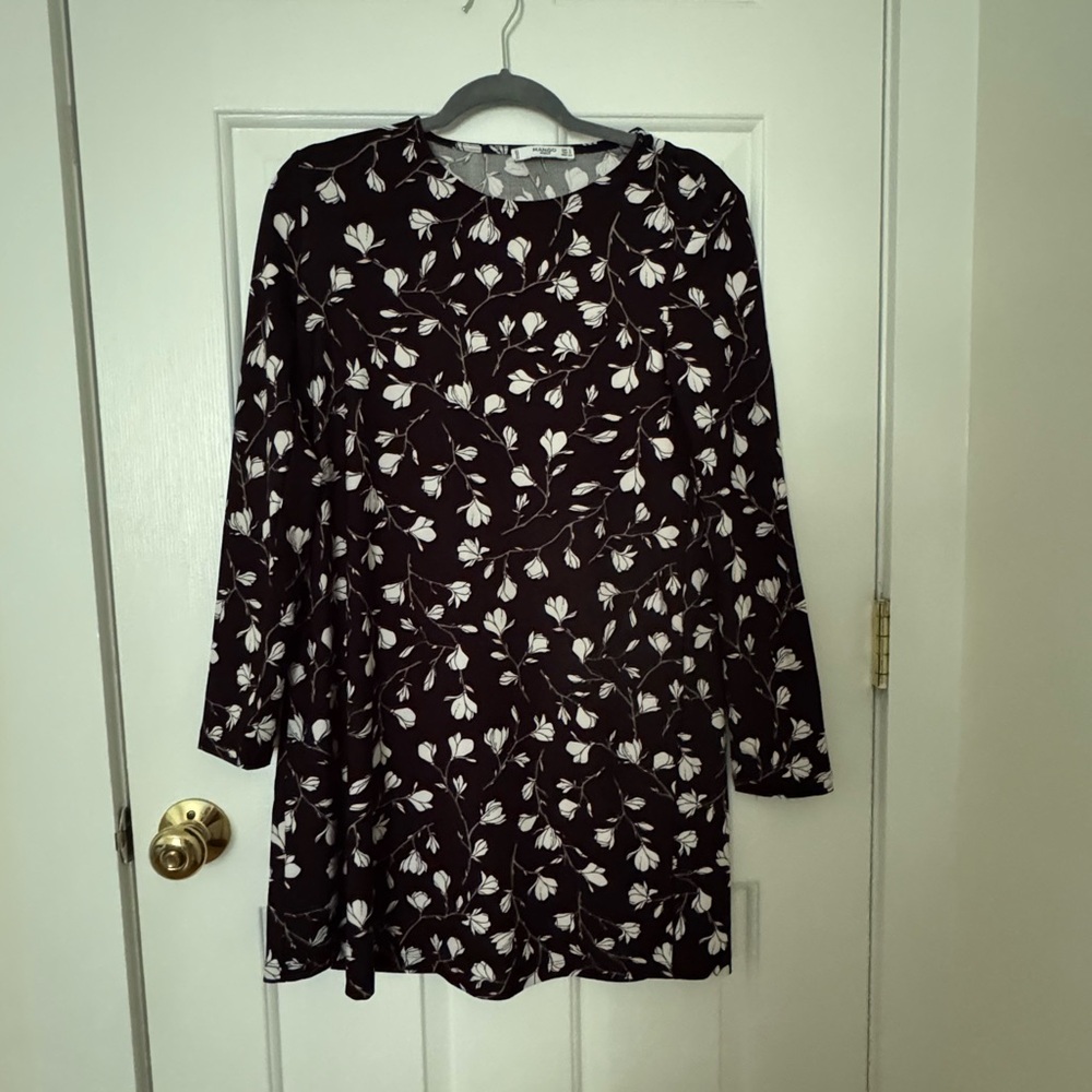 Mango Black and White Floral Swing Dress with Full Sleeves